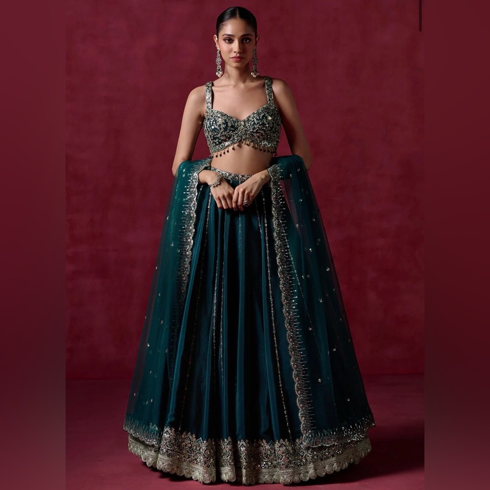 Embellished Teal Lehenga Set with Dupatta - Women Other